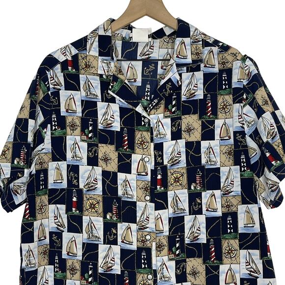 Vintage Bon Worth Womens Size Petite L Nautical Button Shirt Boats Lighthouse - Picture 3 of 8